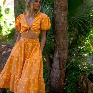 For Love & Lemons REVOLVE Auburn Dot Tiered Belted Midi Skirt
